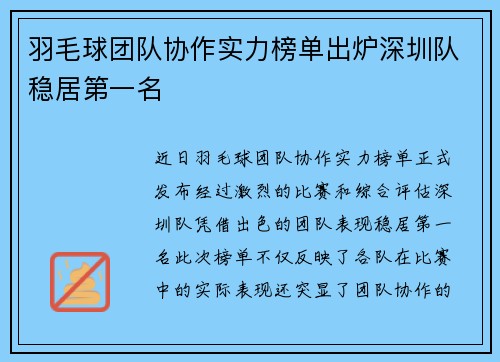 羽毛球团队协作实力榜单出炉深圳队稳居第一名